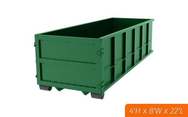 the 20-yard dumpsters measure 20 feet in length, 8 feet in width, and 5 feet in height